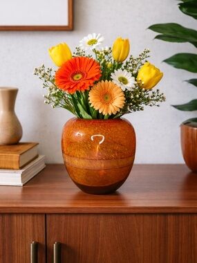 MCM Amber Orange Speckled Art Glass Vase Hand Blown Round 7